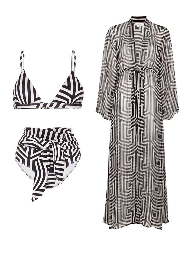 Geometric Print Bikini and Kimono
