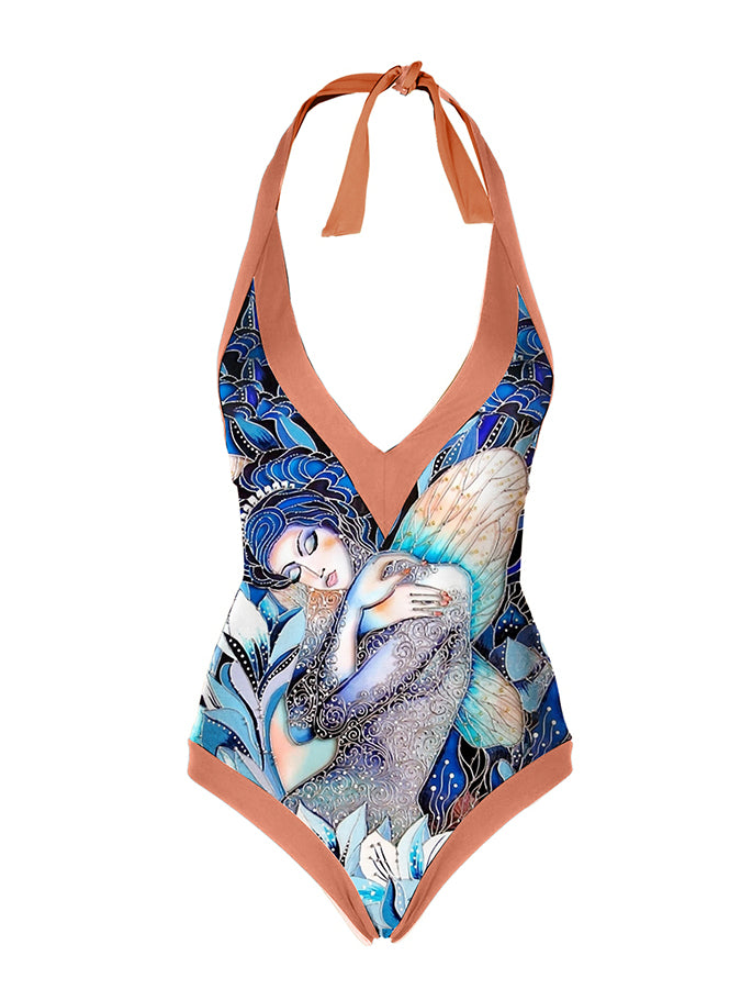 Printed Halter Neck One Piece Swimsuit & Cover up