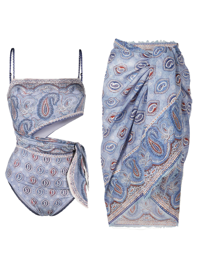 Vintage Print Beach One-Piece Swimsuit and Cover-up