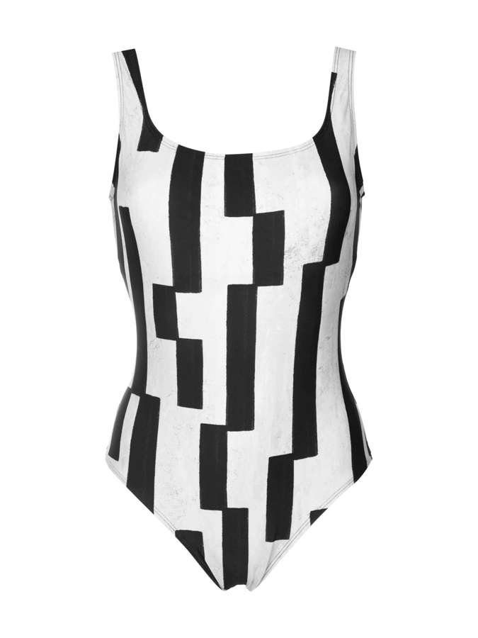 Black & White Offset Stripes Print One Shoulder One Piece Swimsuit And Cover Up