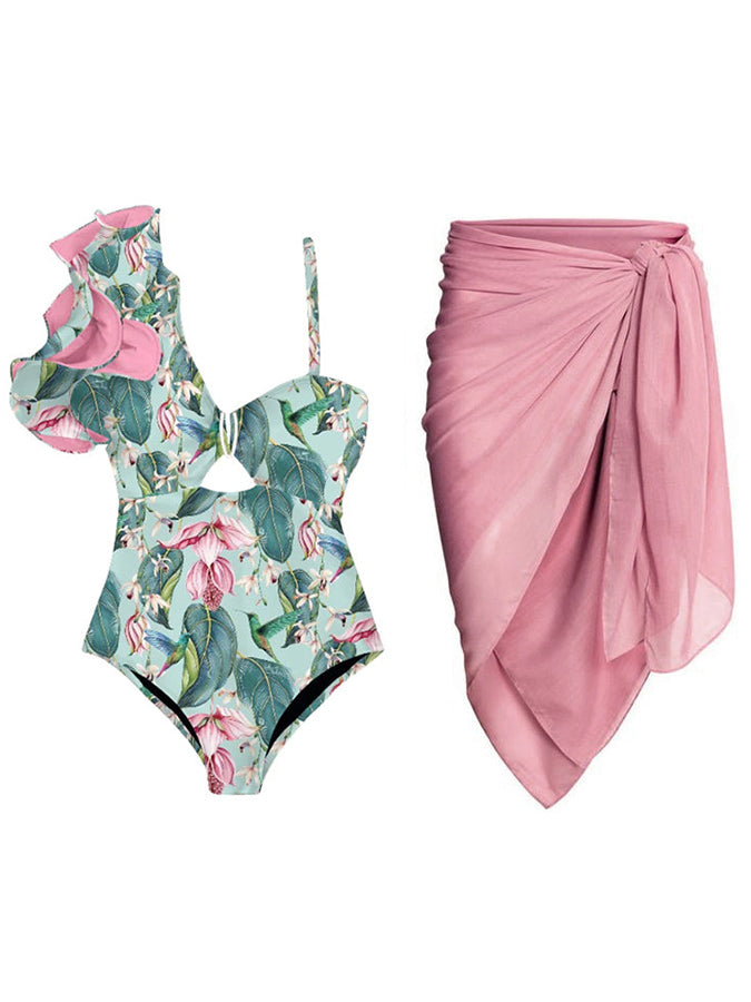 Fashion Print Ruffle One-Piece Swimsuit Set