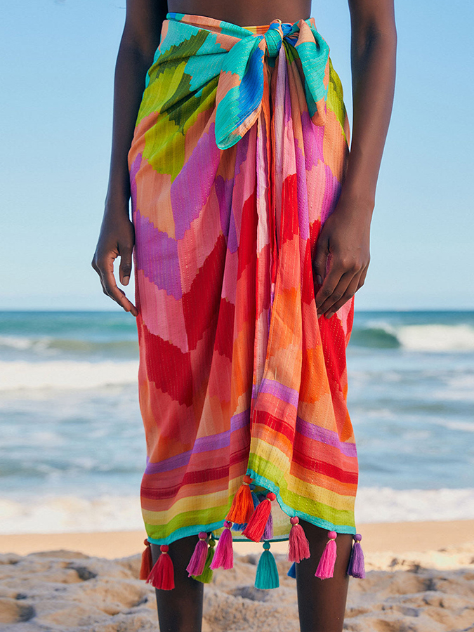 Fashion Rainbow Colorblock Beach Bikini Fringe Set