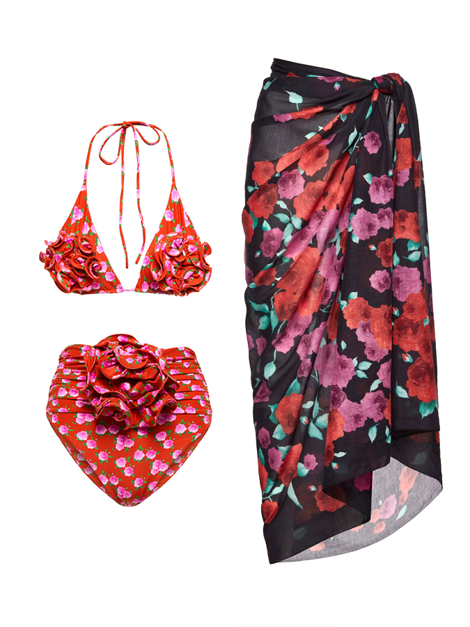 Floral Print Rose Decoration Bikini And Rose Print Cover up