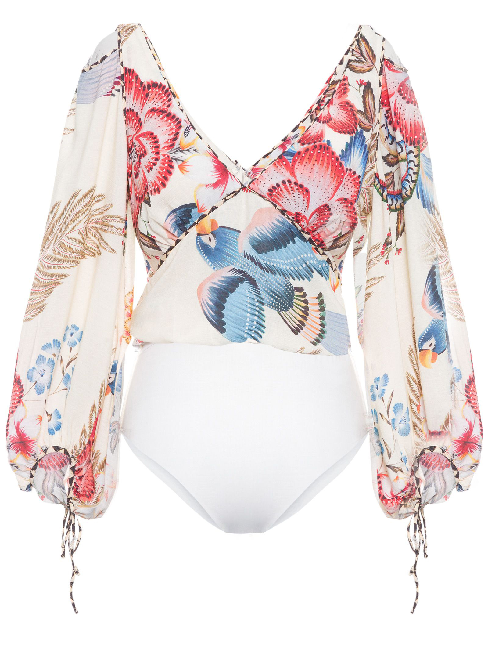 Vintage V-neck Flower and Bird Print Long sleeve One-piece Swimsuit