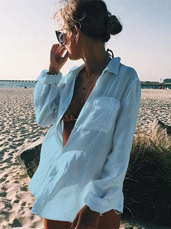 Simple Solid Color Button Long Sleeve Shirt-Style Cover-Up Swimwear