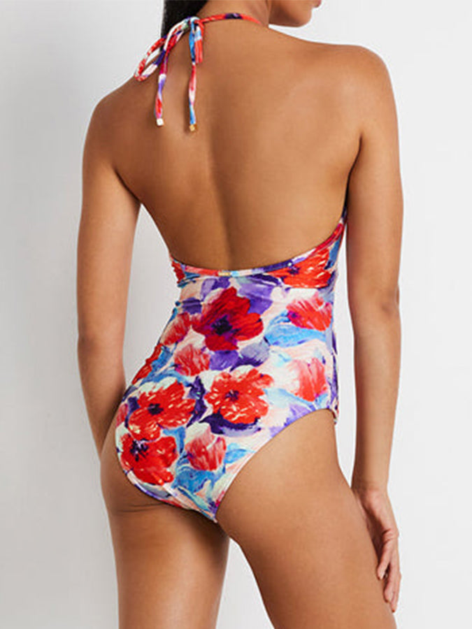Fashion Floral Print One Piece Swimsuit and Cover Up