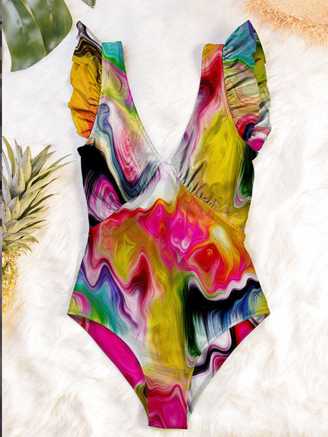 Tie-Dye Fashion Lace-Up One-Piece Swimsuit