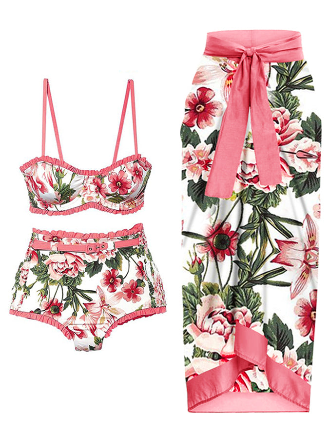 Fashion Colorblock Floral Print Swimsuit 