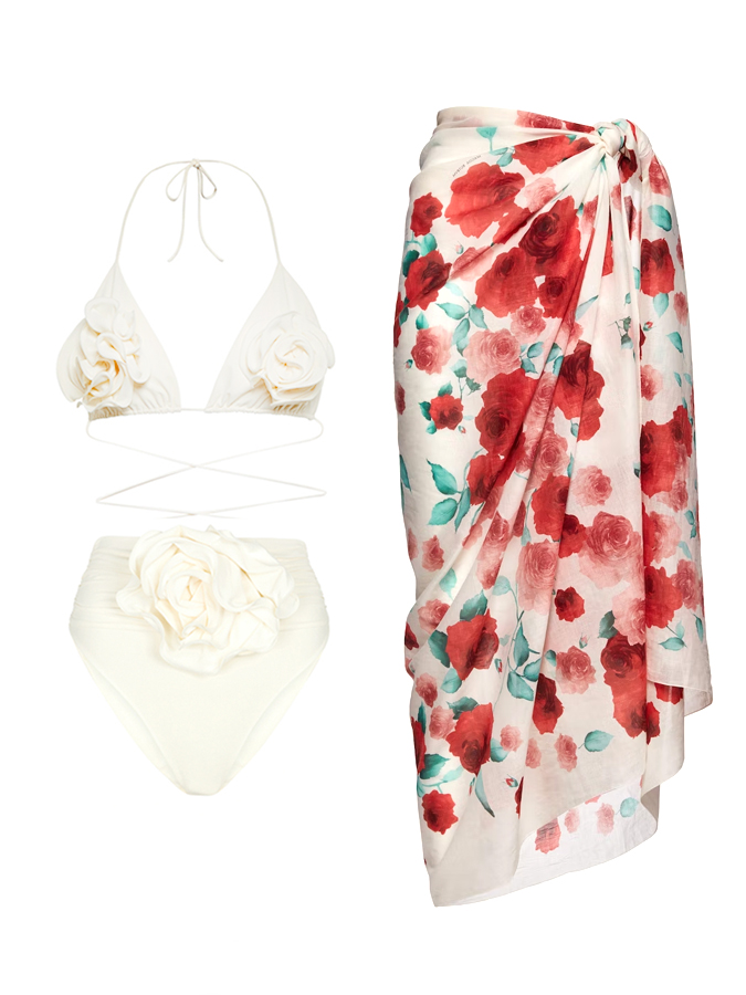 Plain Rose Deco Bikini And Rose Print Cover up