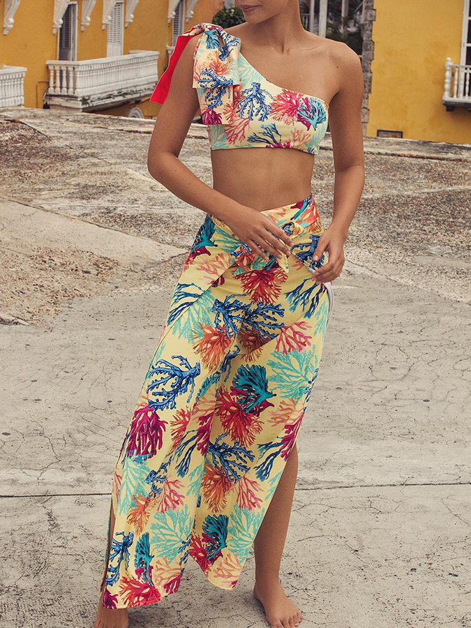 Coral Print One Piece Swimsuit and Cover Up