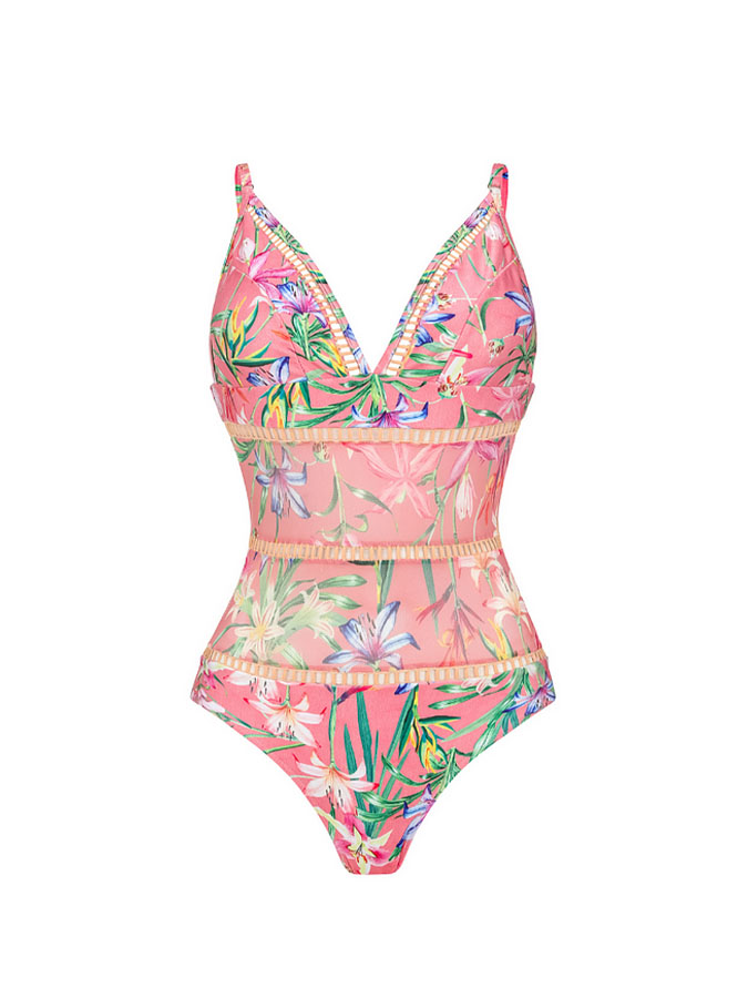Floral Print One Piece Swimsuit and Mesh Splicing Sarong