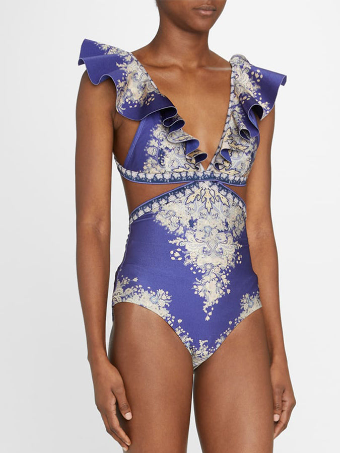 Deep V Ruffle Print One-Piece Swimsuit