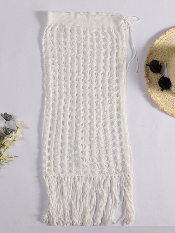 Knitted Hollow See-Through Split-Side Tasseled Cover-Up Swimwear