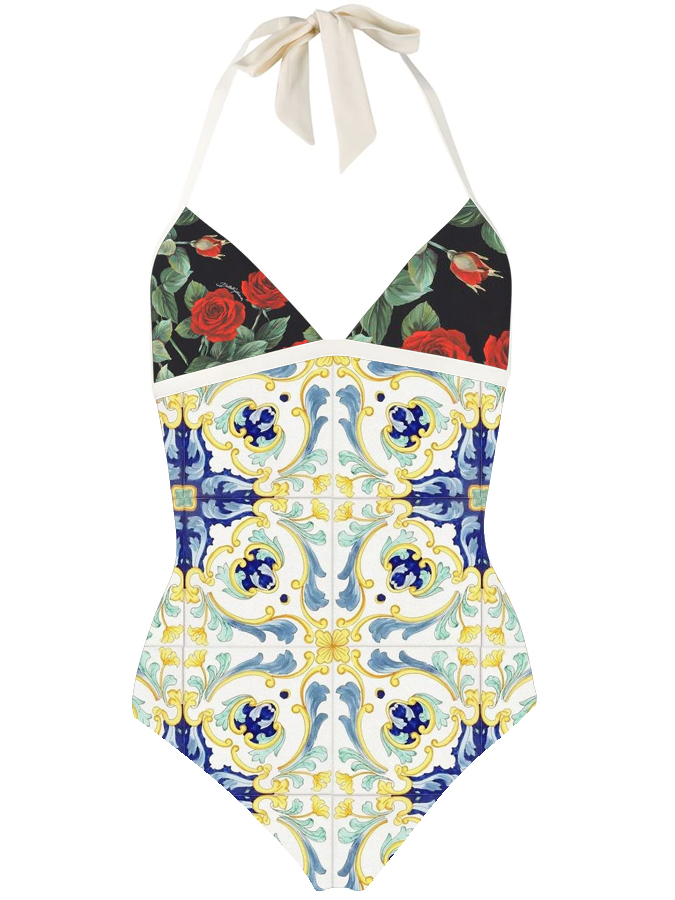 Vintage Floral Geometric Print One-Piece Swimsuit And Cover Up