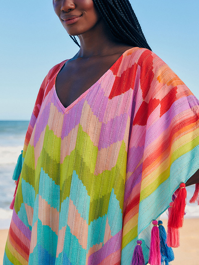 Fashion Rainbow Colorblock Beach Bikini Fringe Set