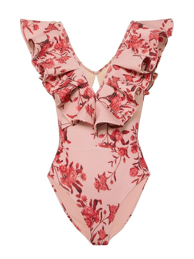 Pink Print Ruffle One-Piece Swimsuit