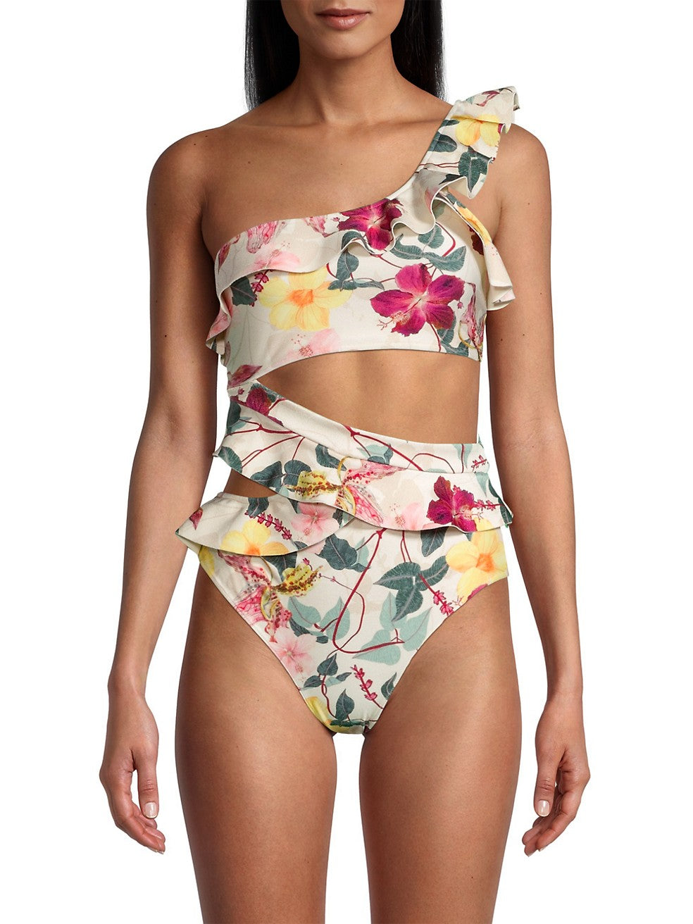 Fashion Colorblock Floral Print Ruffle One-Piece Swimsuit