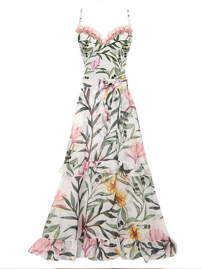 Ruffle One Shoulder Floral Printed Swimsuit and Skirt