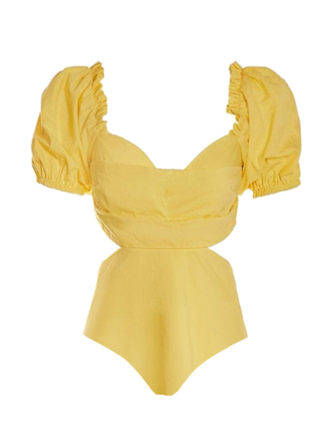 Beach Solid Puff Sleeve One-Piece Swimsuit and Skirt