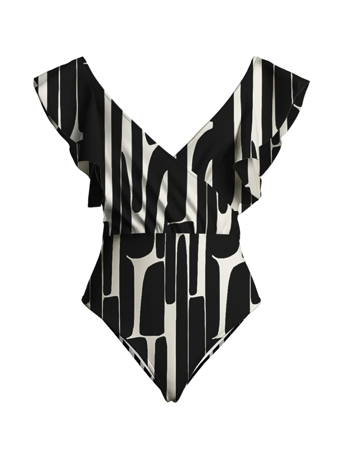 Geometric Print Ruffle One Piece Swimsuit And Cover Up