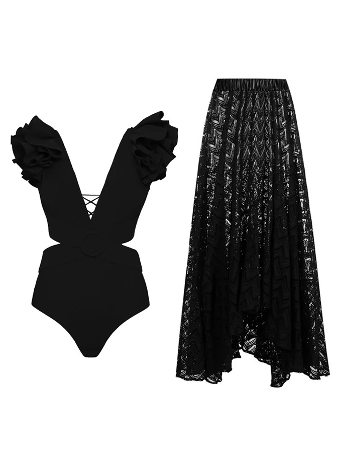 Deep V Red Cutout One Piece Swimsuit and Skirt