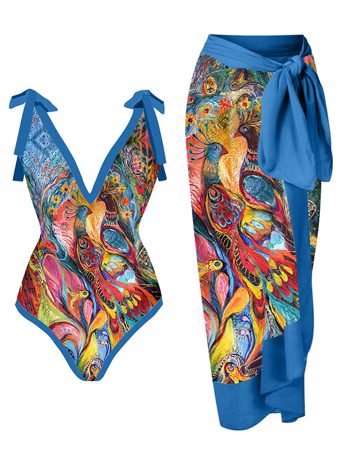 Vintage V-Neck Print One-Piece Swimsuit Set