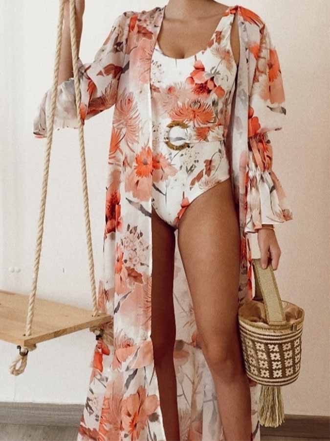 Ring Belt Printed One Piece Swimsuit and Flared Sleeve Chiffon Cover Up