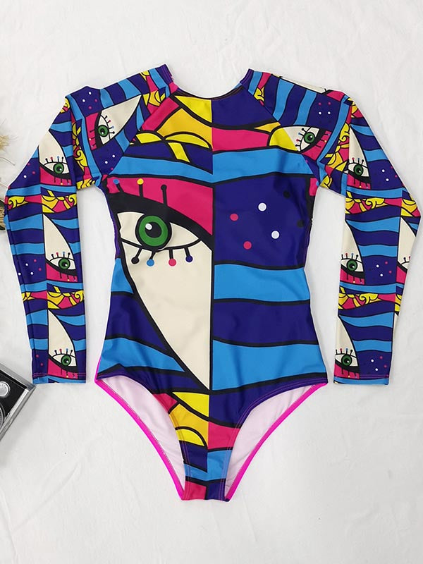 Abstract Print Long Sleeve Backless Wetsuit
