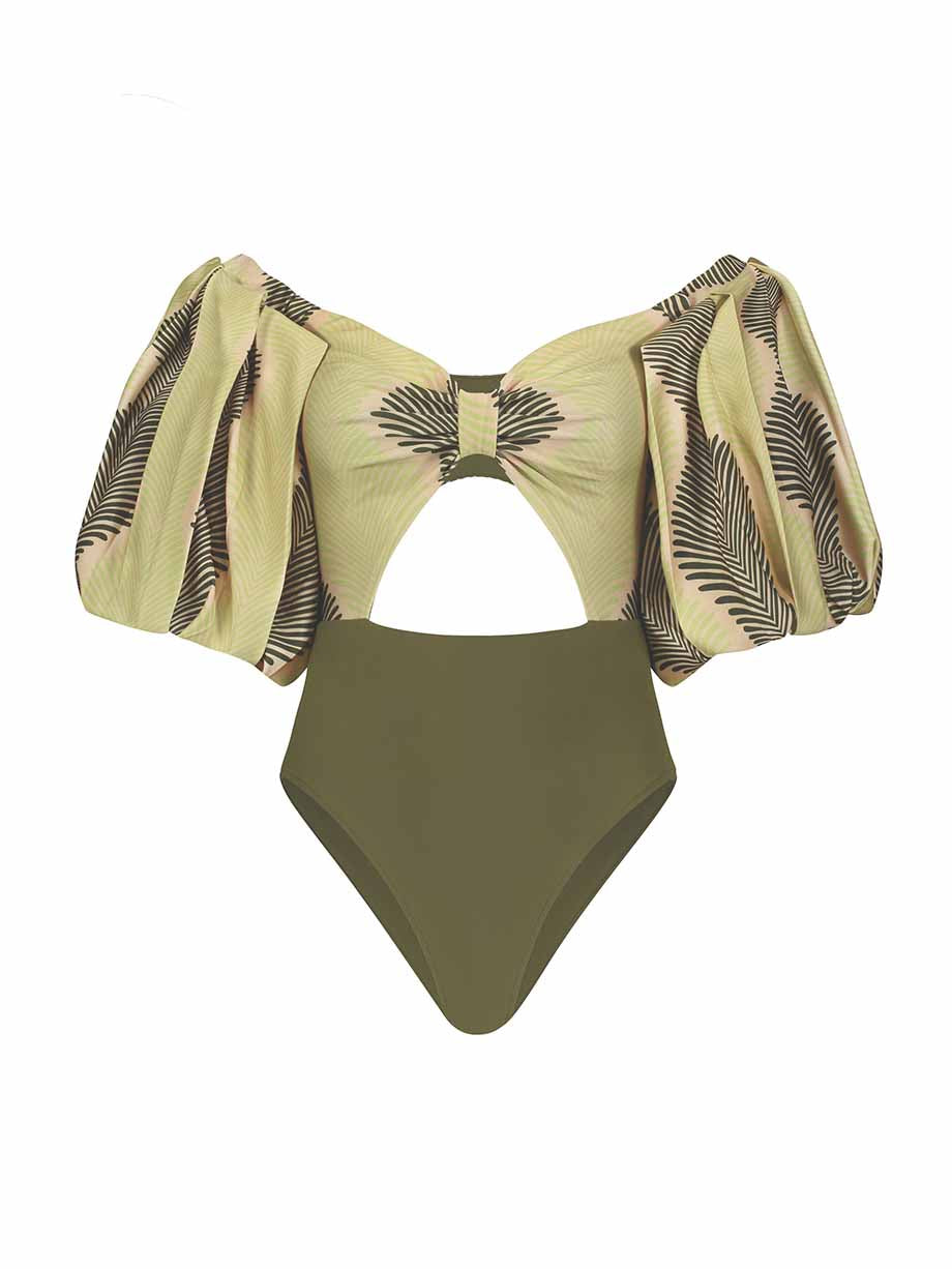 Vintage Colorblock Print One-Piece Swimsuit Set