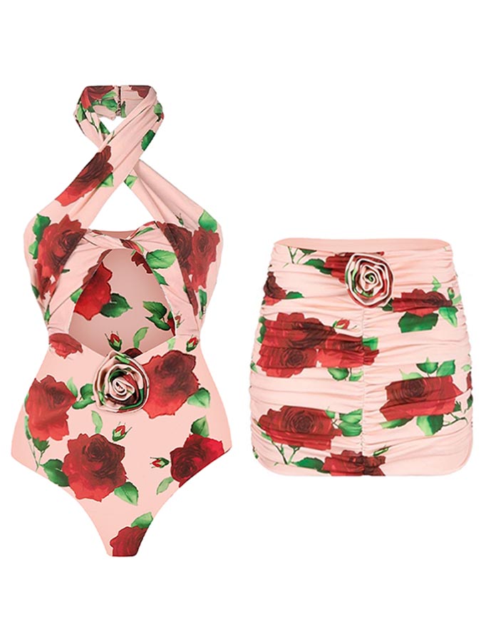 3D Flower Cut Out Printed Halter One Piece Swimsuit and Skirt