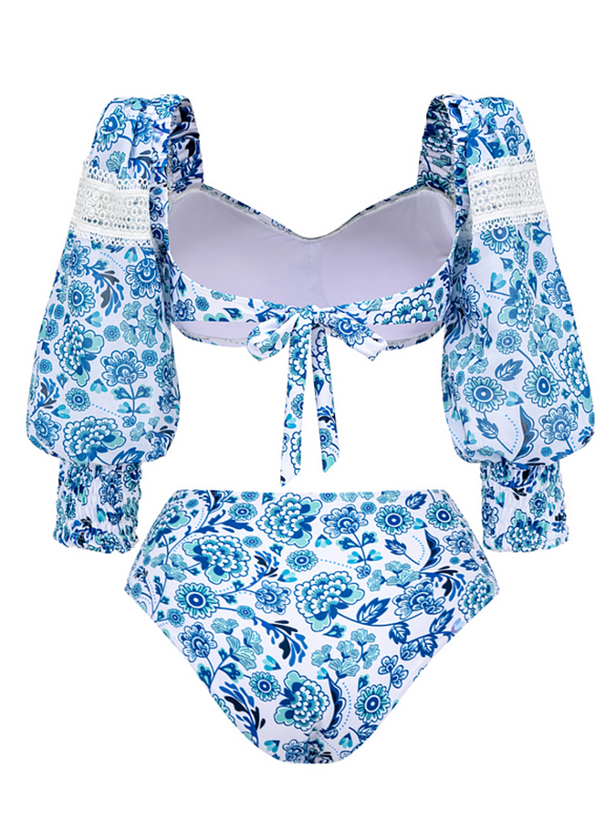 Blue Printed Panel Lace Swimsuit and Skirt