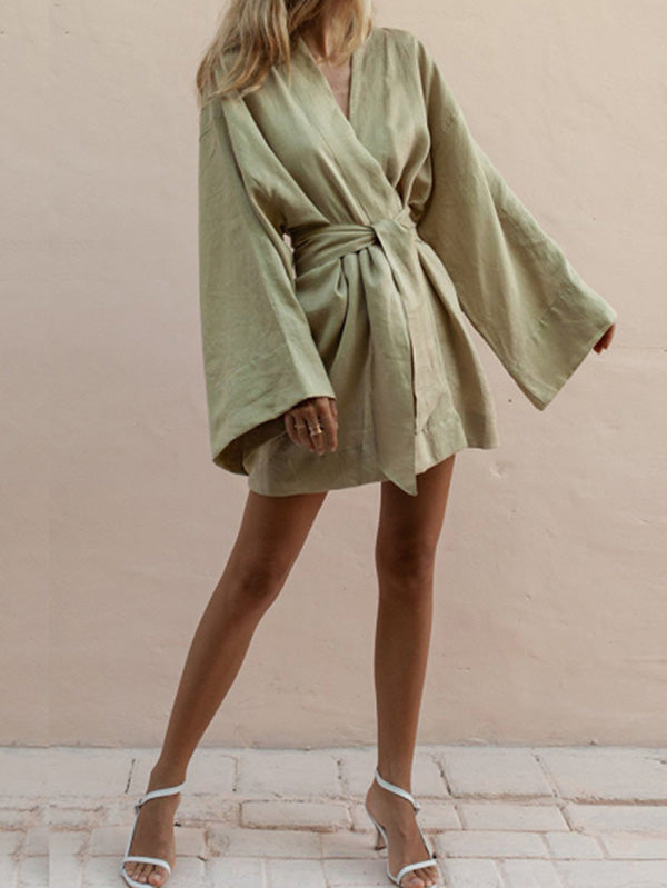 Solid Color Belted Bandage Long Sleeve Kimonohe Mini Dress