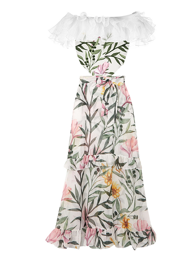 Ruffle One Shoulder Floral Printed Swimsuit and Skirt