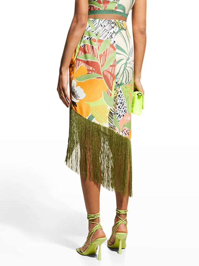 Fashion Vintage Floral Print Fringe Swimsuit And Skirt
