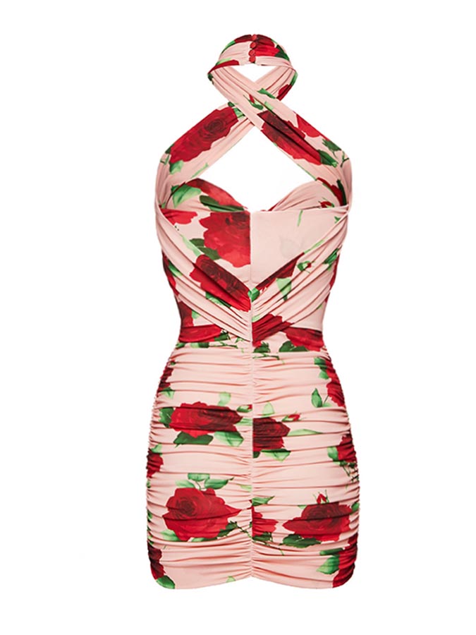 3D Flower Cut Out Printed Halter One Piece Swimsuit and Skirt