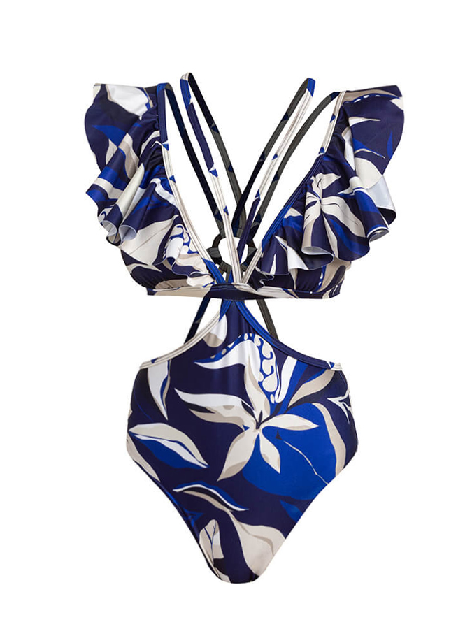 Floral Print Ruffle One Shoulder One-Piece Swimsuit And Cover Up
