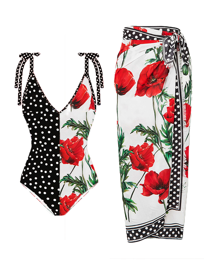Floral Print One Piece Swimsuit and Cover Up