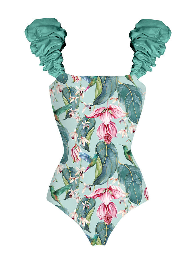 Fashion Floral Print One-Piece Swimsuit Set