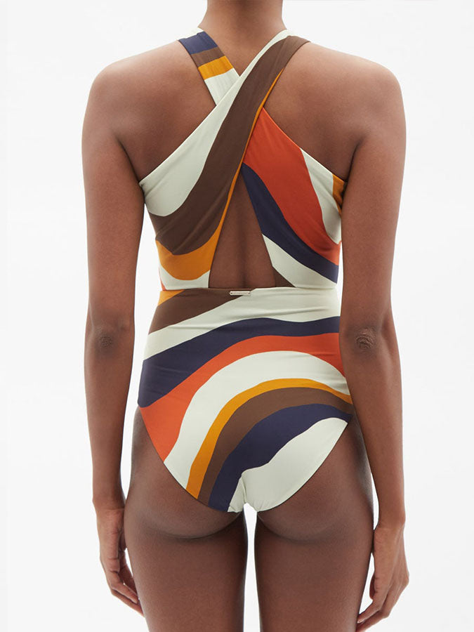 Fashion Colorblock Print One Piece Swimsuit and Cover Up