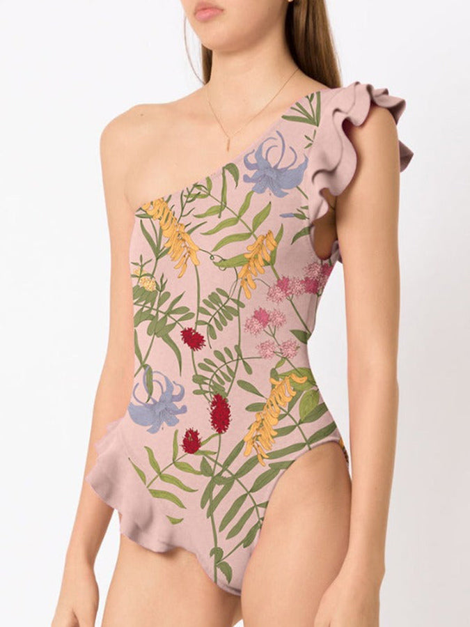 One-Shoulder Ruffled Printed Swimsuit Set