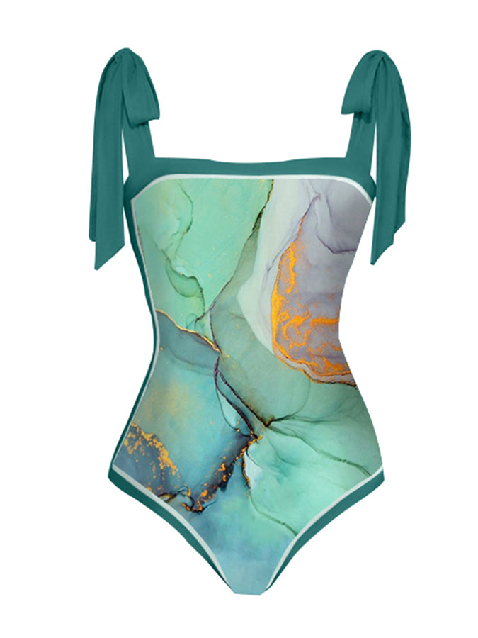 Vintage Colorblock Print One-Piece Swimsuit Set