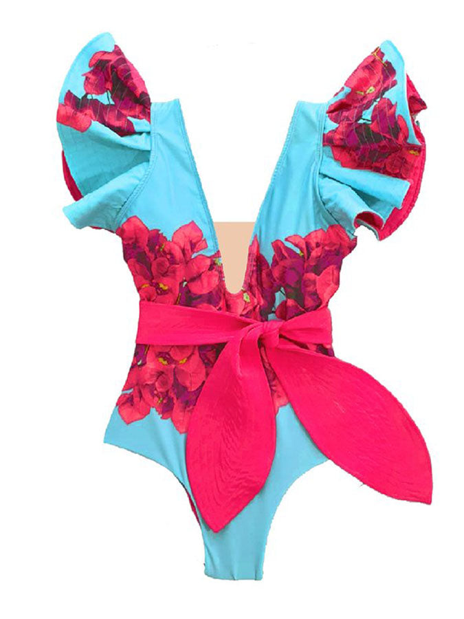 Fashion Floral Print Ruffle Colorblock One-Piece Swimsuit