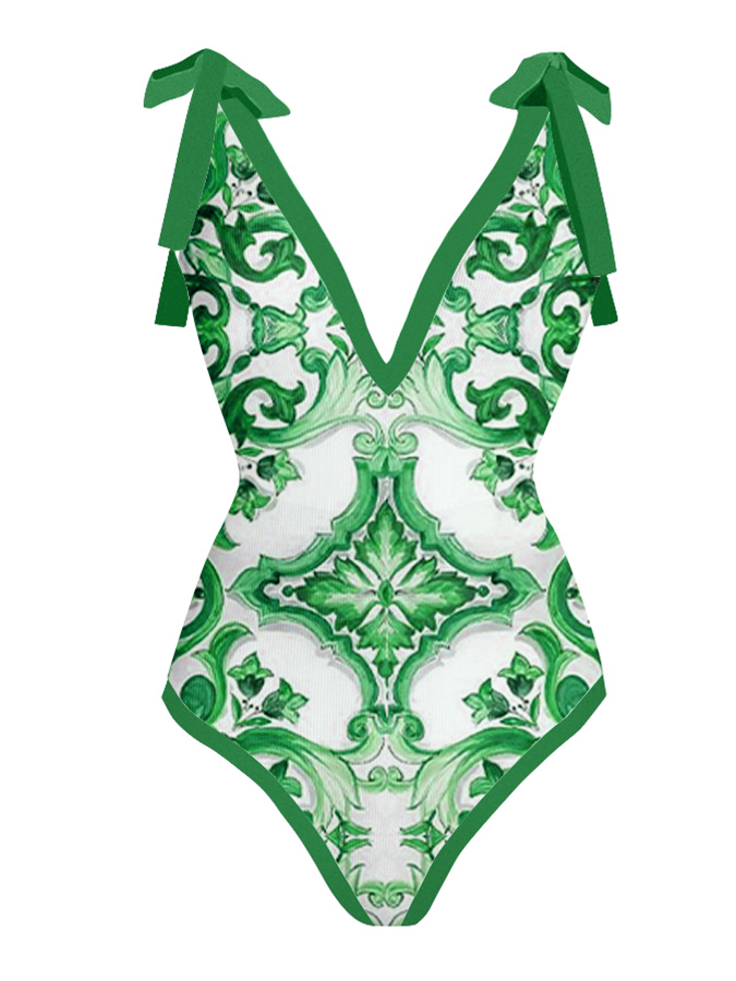 Fashion Vintage V-Neck Print One-Piece Swimsuit Set