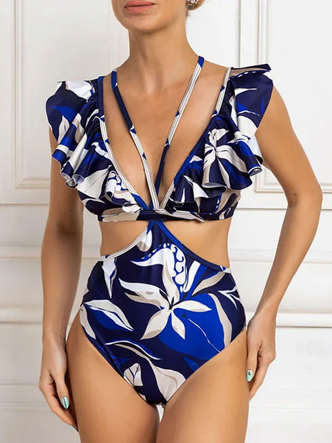 V Neck Printed Ruffle One Piece Swimsuit and Cover Up