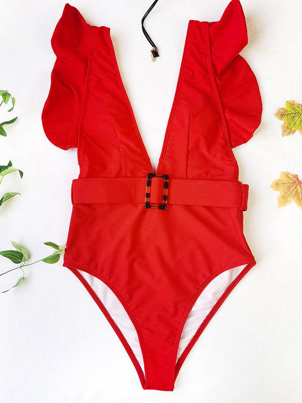 Solid Color Deep V-Neck Falbala Sexy Swimwear