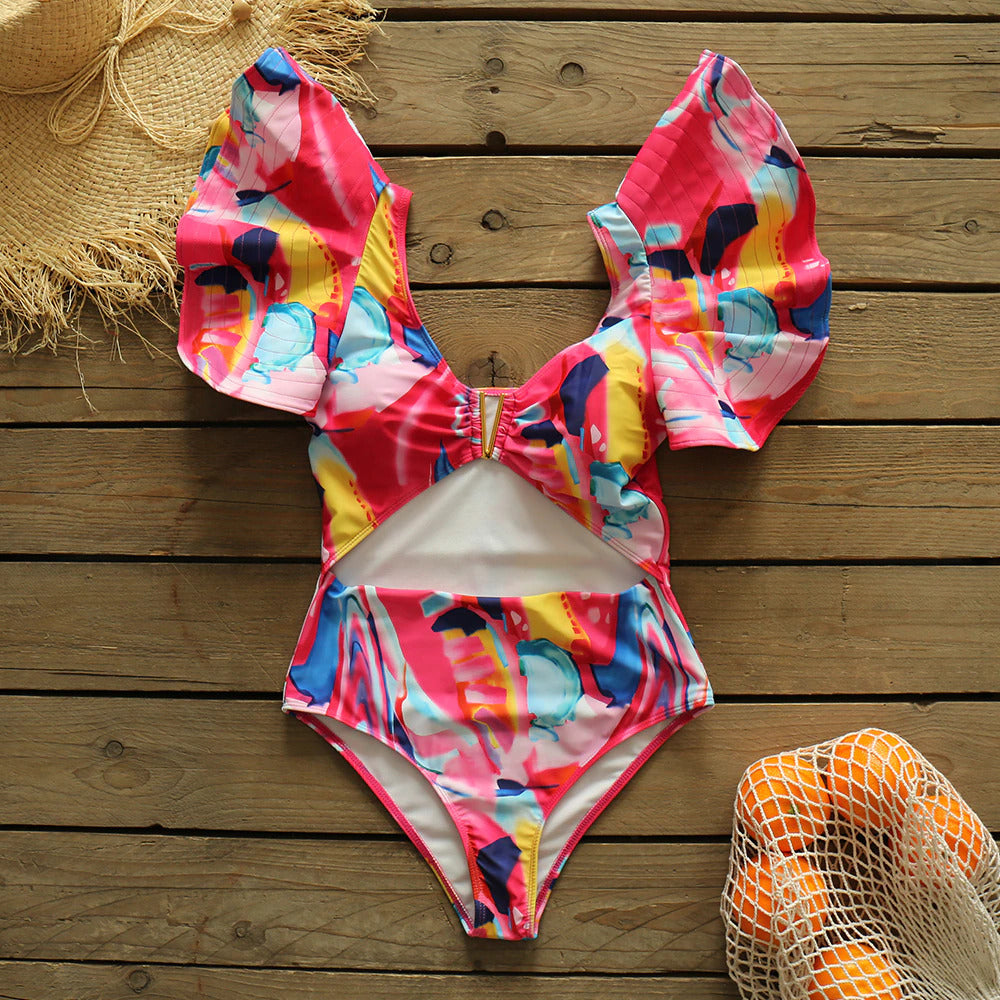 Ruffle Cutout Printed One Piece Swimsuit