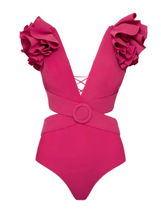 Deep V Red Cutout One Piece Swimsuit and Skirt