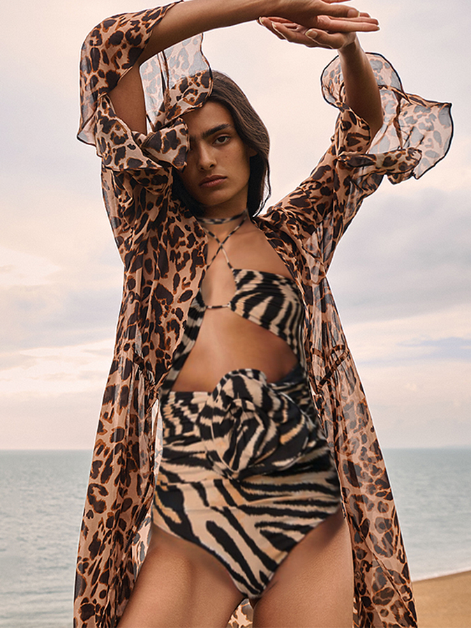 Removable 3D Flower Decor Leopard Printed One Piece Swimsuit and Skirt