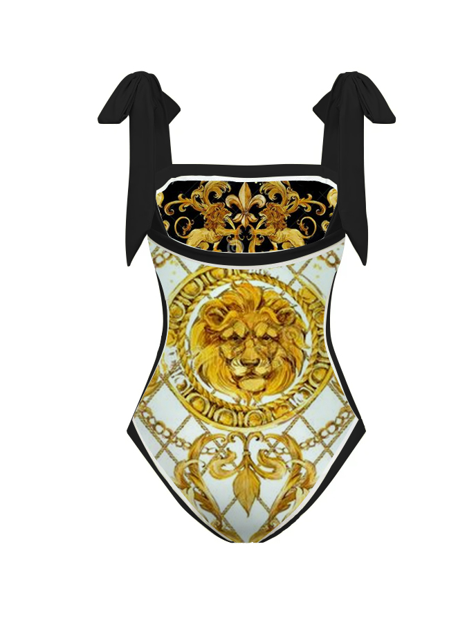 Gold Lion Pattern Print Reversible One Piece Swimsuit And Cover up