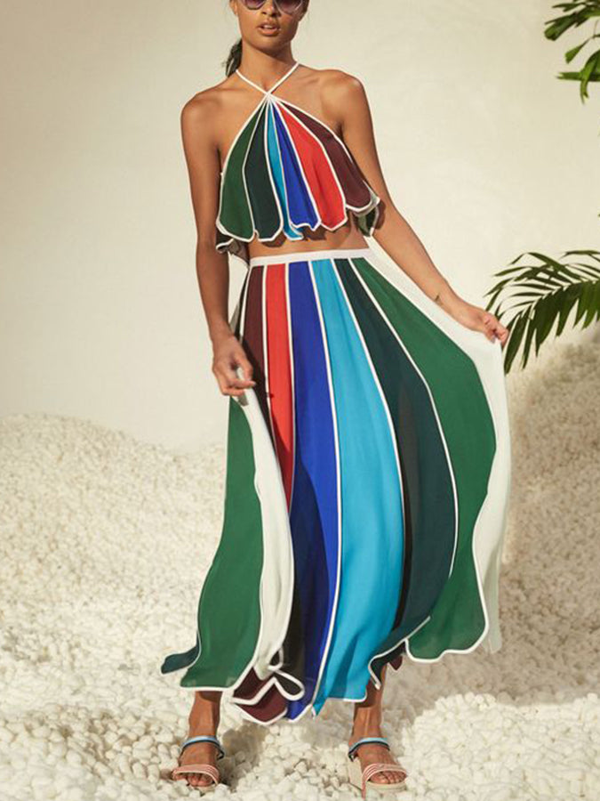 Vintage Fashion Colorblock Print Beach Bikini Swimsuit Set